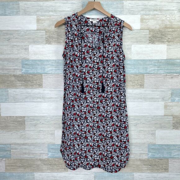 Beach Lunch Lounge Tassel Split Neck Tank Dress Blue Floral Casual Womens Small - Picture 1 of 6